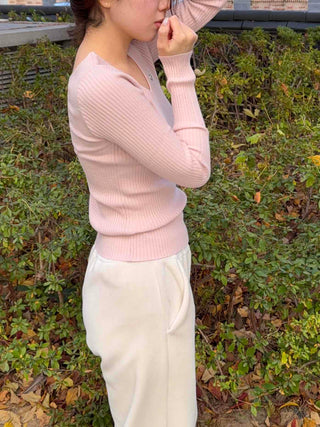Slim Deep V-Neck Long Sleeve Ribbed Knit