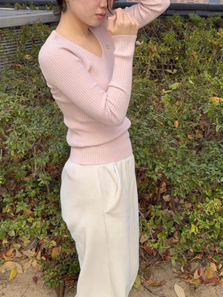 Slim Deep V-Neck Long Sleeve Ribbed Knit