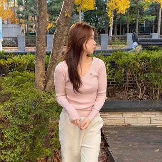 Slim Deep V-Neck Long Sleeve Ribbed Knit