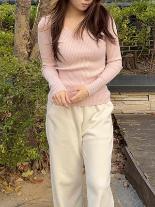 Slim Deep V-Neck Long Sleeve Ribbed Knit