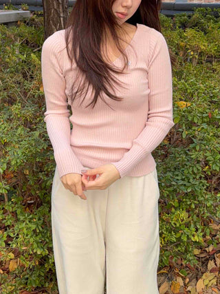 Slim Deep V-Neck Long Sleeve Ribbed Knit