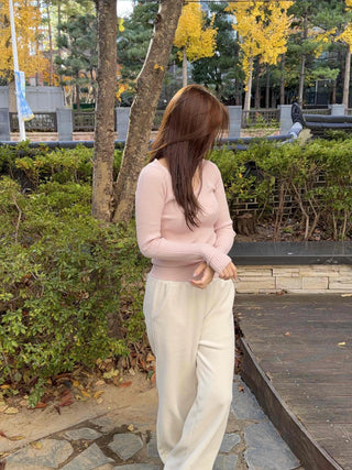 Slim Deep V-Neck Long Sleeve Ribbed Knit