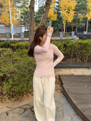 Slim Deep V-Neck Long Sleeve Ribbed Knit