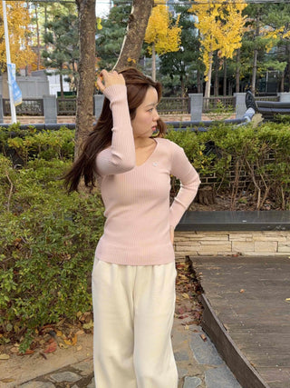 Slim Deep V-Neck Long Sleeve Ribbed Knit