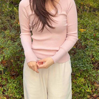 Slim Deep V-Neck Long Sleeve Ribbed Knit