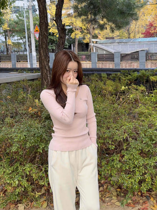 Slim Deep V-Neck Long Sleeve Ribbed Knit