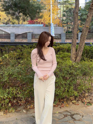Slim Deep V-Neck Long Sleeve Ribbed Knit