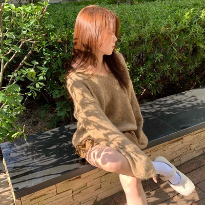 Wool Blend V-Neck Oversized Loose Knit