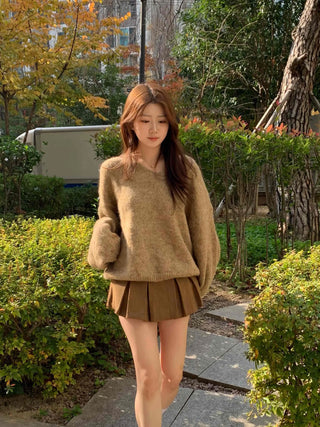 Wool Blend V-Neck Oversized Loose Knit
