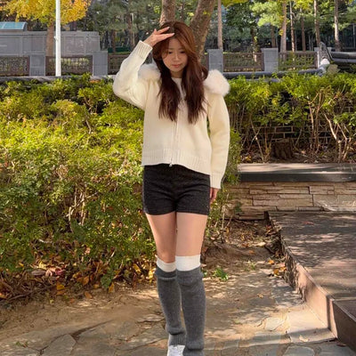 Soft Fur Hooded Loose Fit Cropped Knit Zip-up
