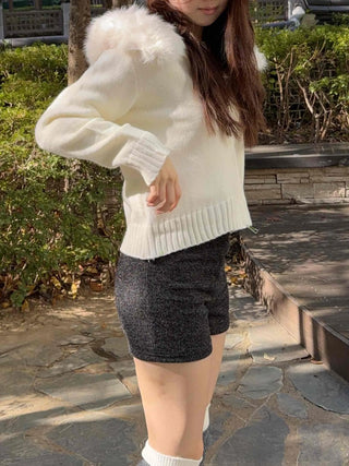 Soft Fur Hooded Loose Fit Cropped Knit Zip-up