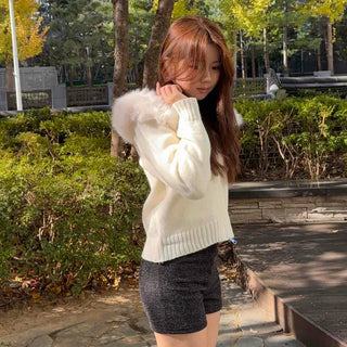 Soft Fur Hooded Loose Fit Cropped Knit Zip-up
