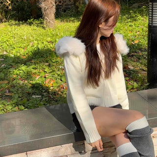 Soft Fur Hooded Loose Fit Cropped Knit Zip-up