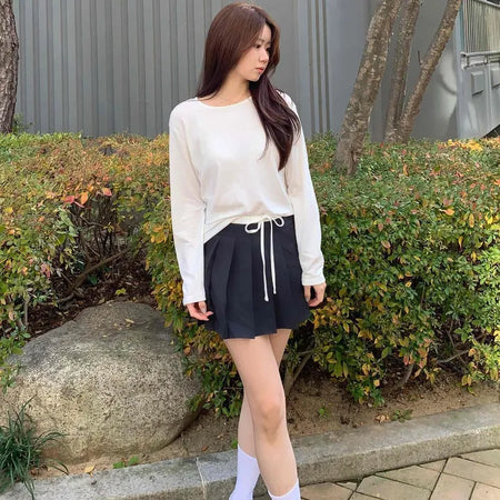 Color Block Ribbon Pleated Mini Skirt