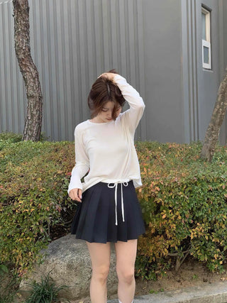 Color Block Ribbon Pleated Mini Skirt