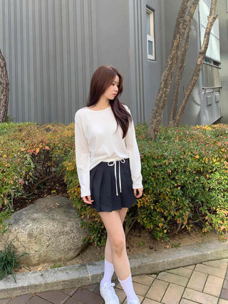 Color Block Ribbon Pleated Mini Skirt
