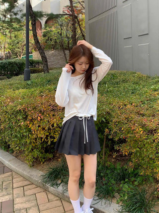 Color Block Ribbon Pleated Mini Skirt