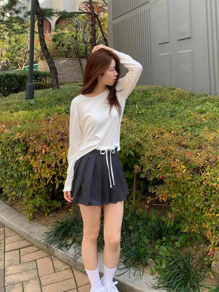 Color Block Ribbon Pleated Mini Skirt