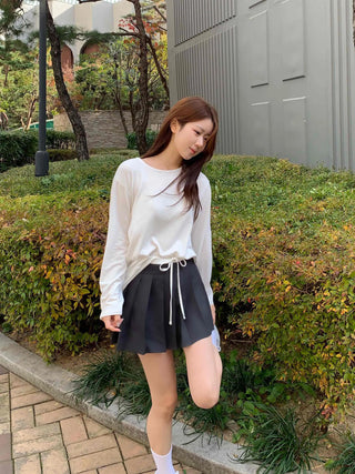 Color Block Ribbon Pleated Mini Skirt