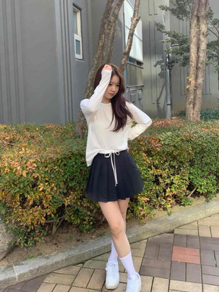 Color Block Ribbon Pleated Mini Skirt
