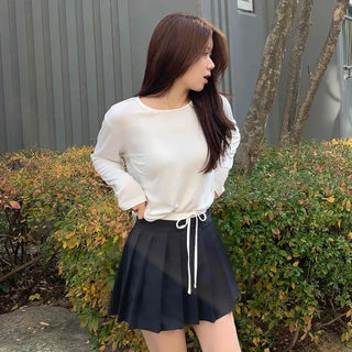 Color Block Ribbon Pleated Mini Skirt