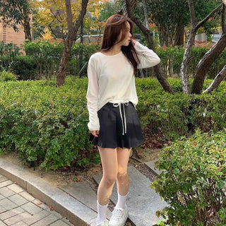 Color Block Ribbon Pleated Mini Skirt
