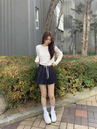 Color Block Ribbon Pleated Mini Skirt