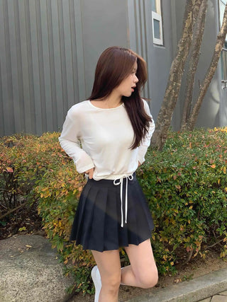 Color Block Ribbon Pleated Mini Skirt