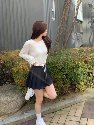 Color Block Ribbon Pleated Mini Skirt