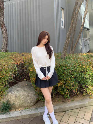 Color Block Ribbon Pleated Mini Skirt