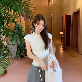 Alpaca Slim String Short Sleeve Knit T-shirt