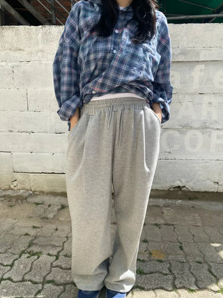 Beno Single-Pleat Elastic Waist Wide Long Pants