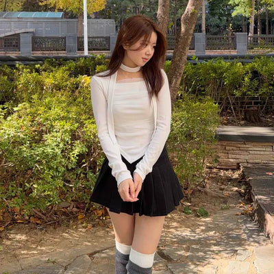See-through Shirred Square Neck Ribbed Long Sleeve T-shirt