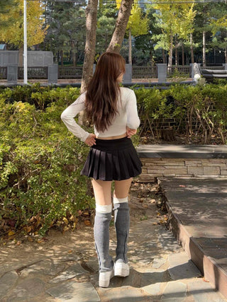 See-through Shirred Square Neck Ribbed Long Sleeve T-shirt