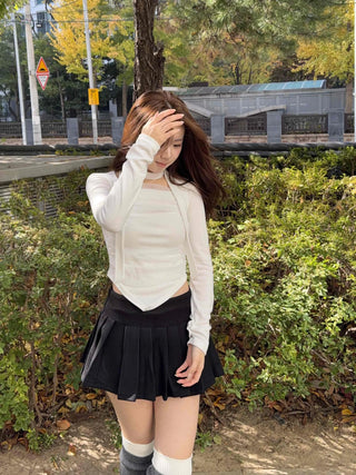 See-through Shirred Square Neck Ribbed Long Sleeve T-shirt