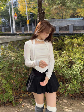 See-through Shirred Square Neck Ribbed Long Sleeve T-shirt