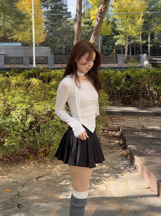 See-through Shirred Square Neck Ribbed Long Sleeve T-shirt