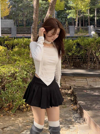 See-through Shirred Square Neck Ribbed Long Sleeve T-shirt