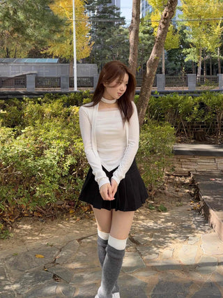 See-through Shirred Square Neck Ribbed Long Sleeve T-shirt