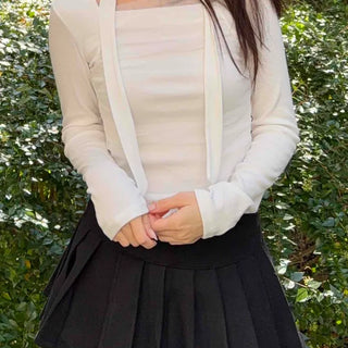 See-through Shirred Square Neck Ribbed Long Sleeve T-shirt