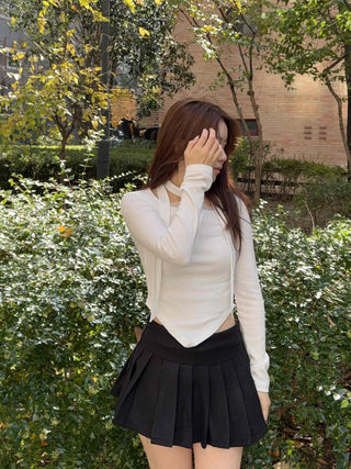 See-through Shirred Square Neck Ribbed Long Sleeve T-shirt