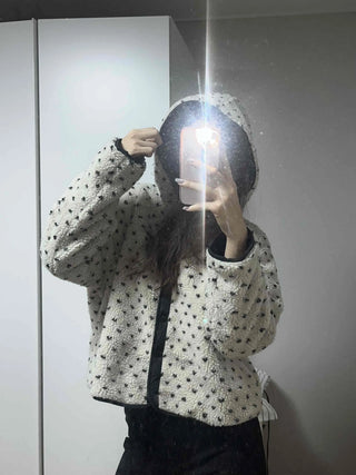 Star Embroidered Hooded Boa Quilted Crop Padded Jacket