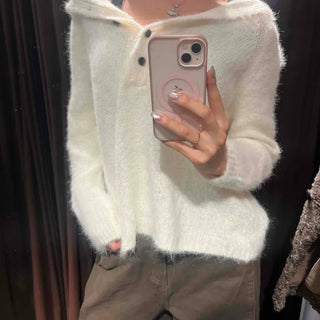 Fluffy Boat Neck Shoulder Drop Crop Knit