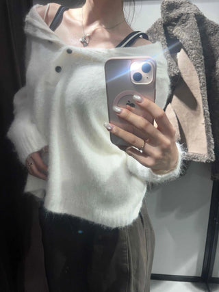 Fluffy Boat Neck Shoulder Drop Crop Knit
