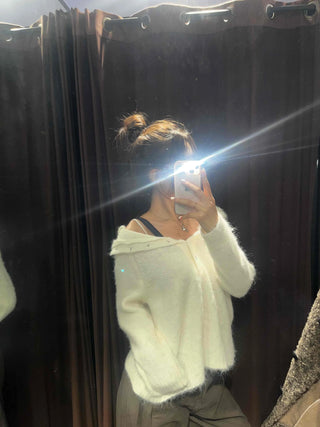 Fluffy Boat Neck Shoulder Drop Crop Knit