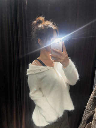 Fluffy Boat Neck Shoulder Drop Crop Knit