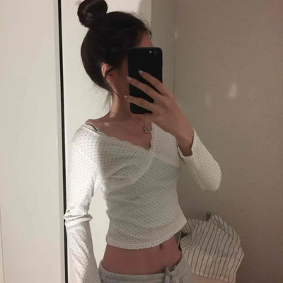 Peach Texture Square Neck Shirred Crop Long Sleeve T-shirt
