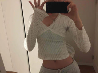 Peach Texture Square Neck Shirred Crop Long Sleeve T-shirt