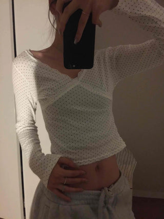Peach Texture Square Neck Shirred Crop Long Sleeve T-shirt