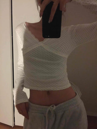 Peach Texture Square Neck Shirred Crop Long Sleeve T-shirt